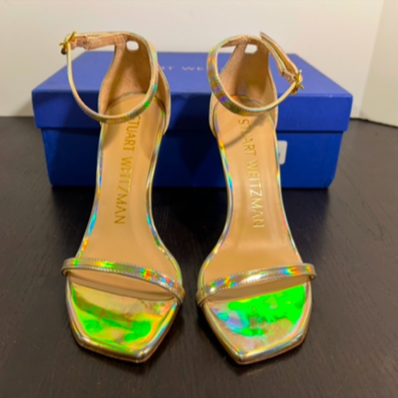 Stuart Weitzman Nudistcurve 100 Hologram Gold Patent Leather Sandals EU 36.5/US6 - Picture 3 of 16